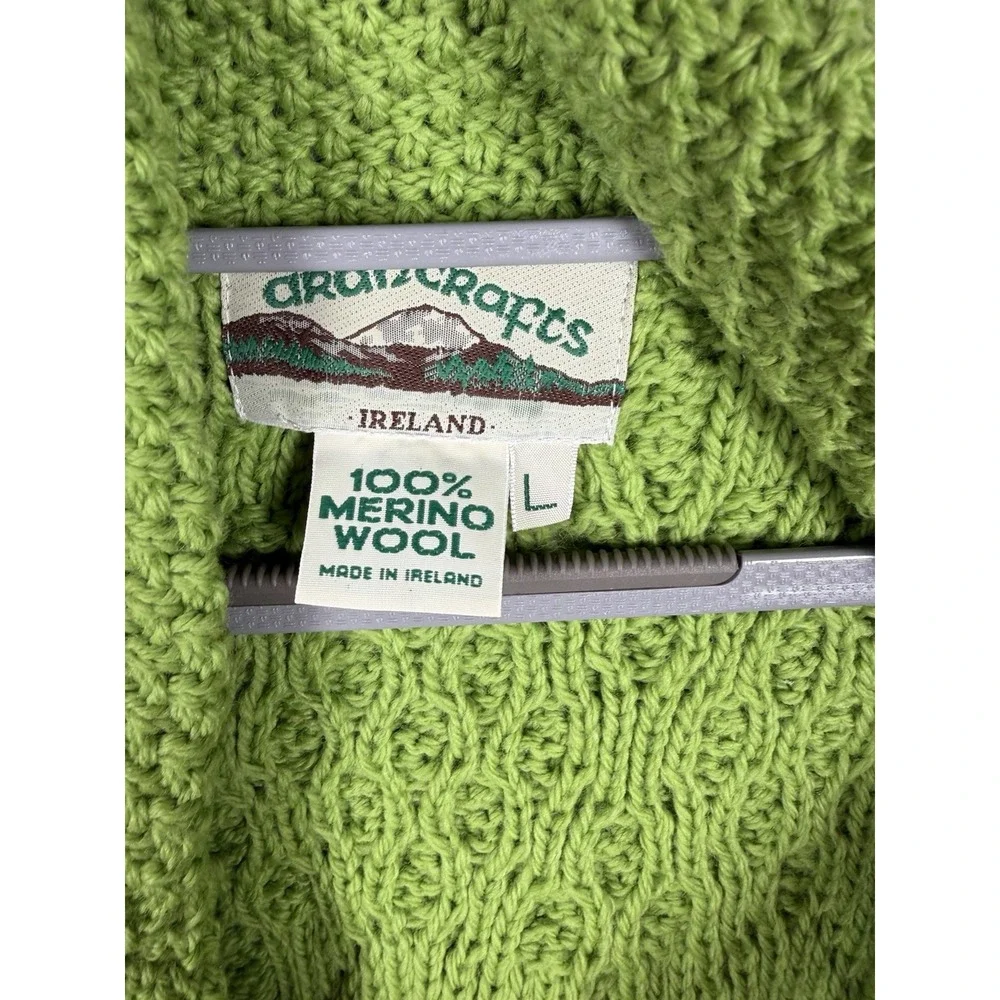 Aran Crafts Cardigan Sweater Womens Size L Green 100% Merino Wool Cable Knit